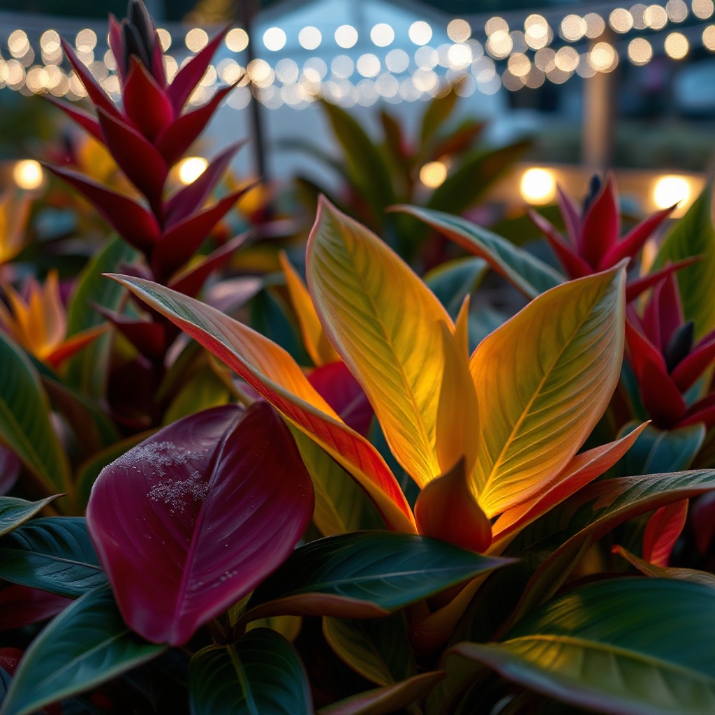 Nahaufnahme von tropischen Blättern unter LED-Pflanzenleuchten im Wintergarten Classic 150