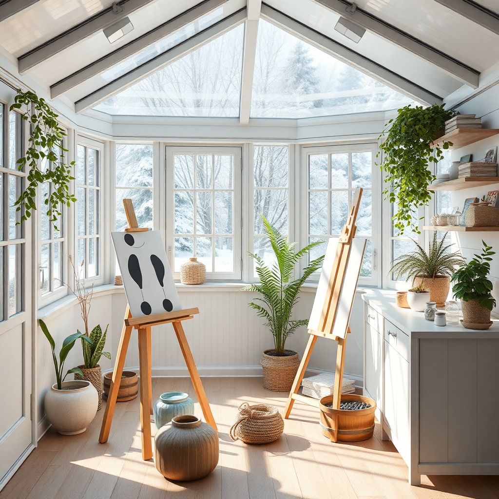 <clean photorealistic photo of a bright wintergarten Eco 800 furnished as an artist's stud
