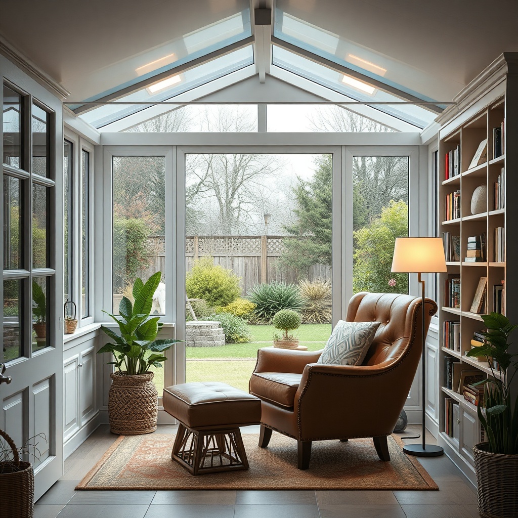 <clean photorealistic photo of a wintergarten Eco 800 furnished as a cozy reading nook wit