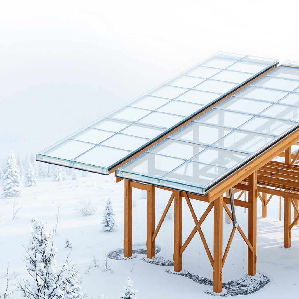 Eine detailreiche Darstellung der Eco-800-Konstruktion mit Stahlträgern und Glasplatten