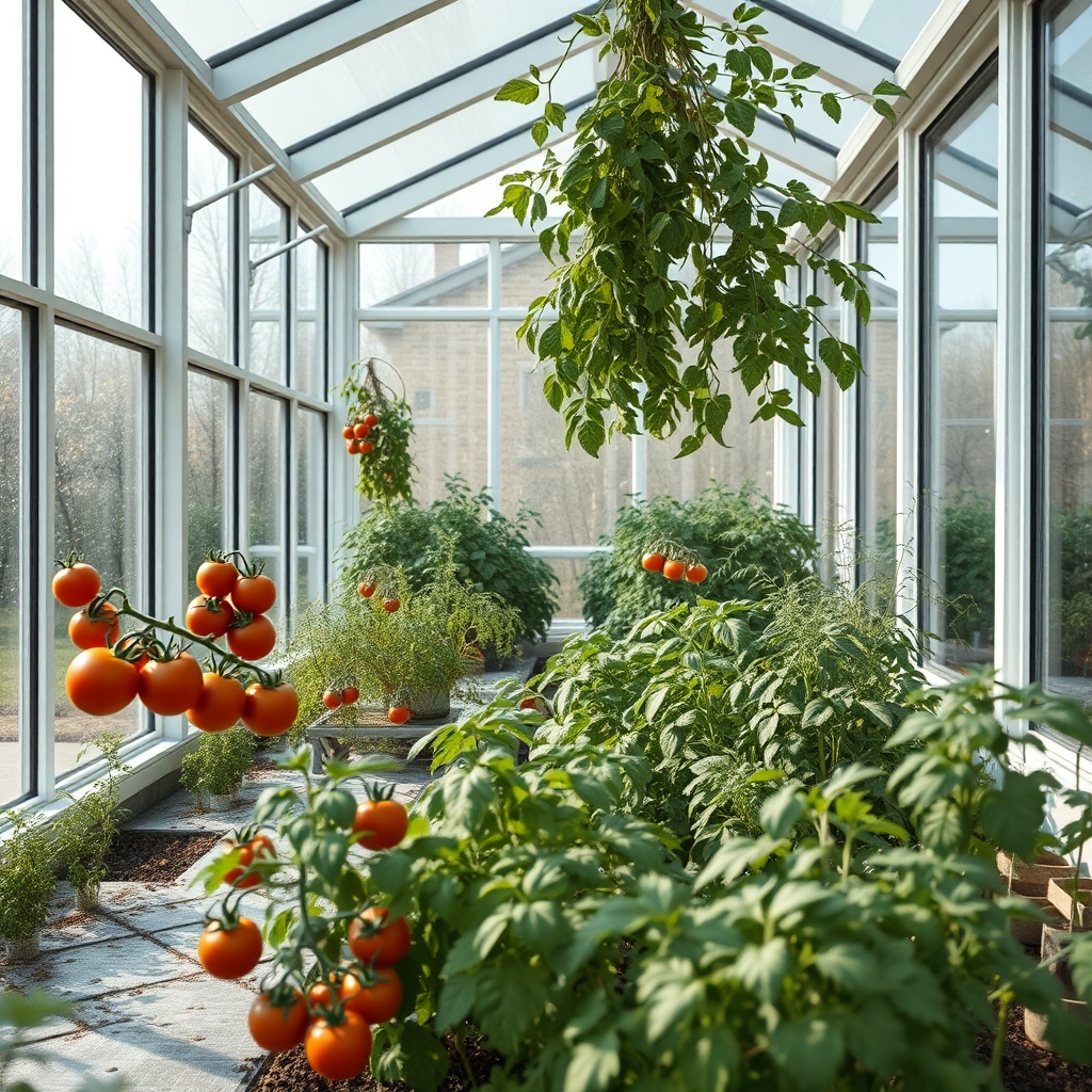 <clean photorealistic photo/illustration showing a lush winter garden with tomatoes and he