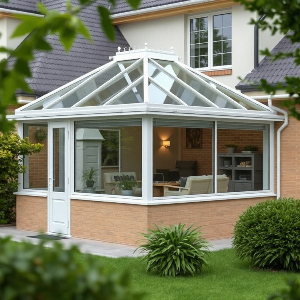 Photorealistic exterior of a modern Eco 800 winter garden attached to a house