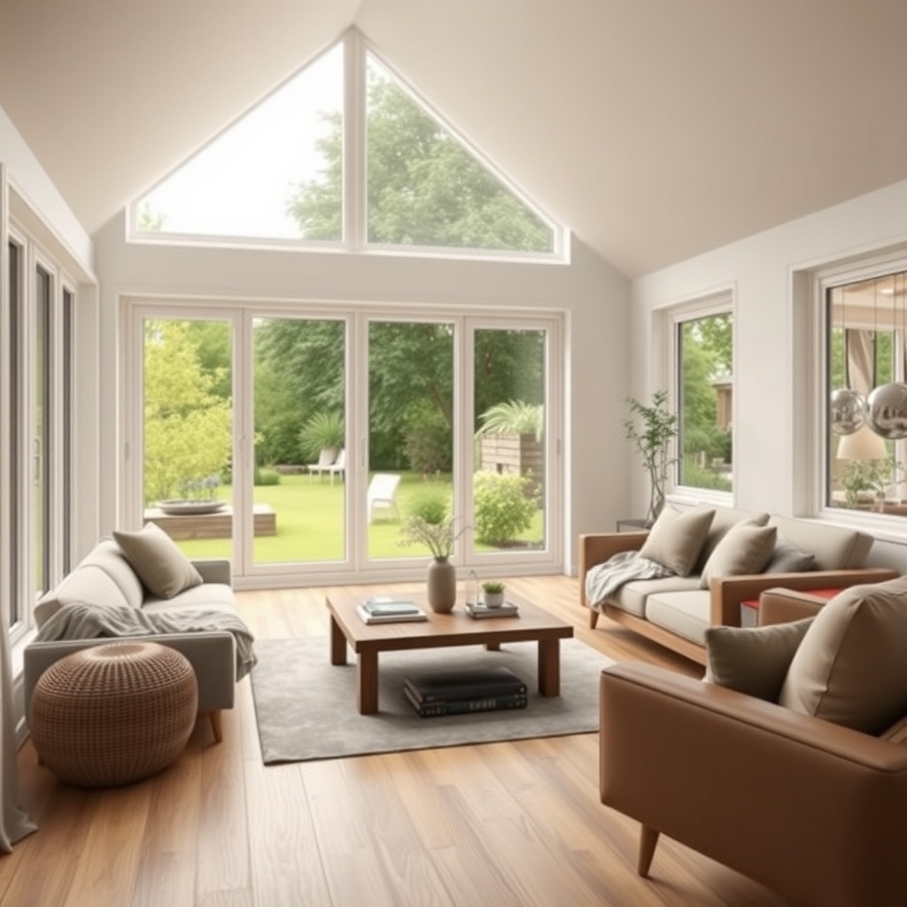 clean photorealistic photo of a modern Wintergarten Eco 800 serving as a bright living roo