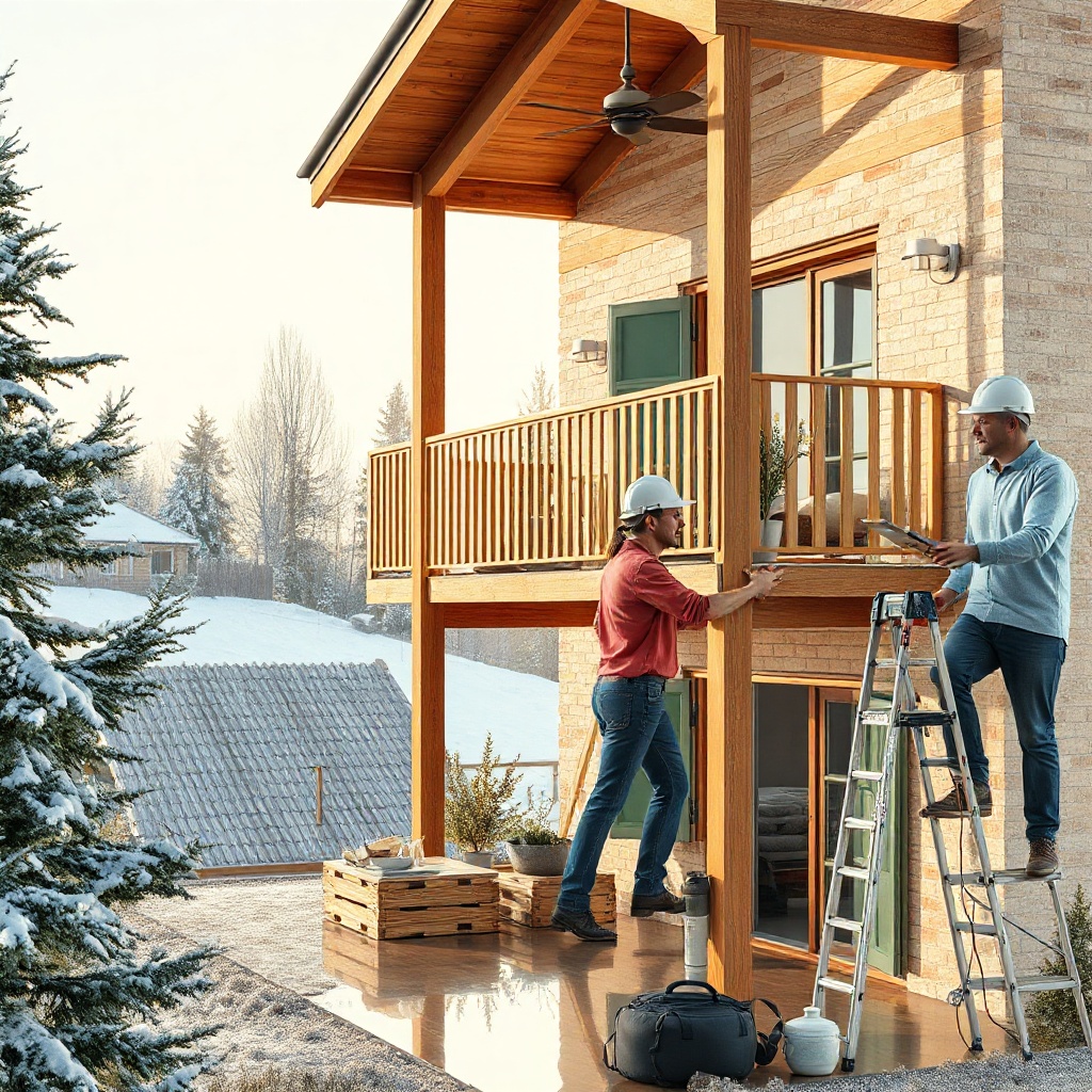 Fotomontage eines Bauablaufs: Schritt-für-Schritt vom leeren Balkon bis zum fertigen Winte