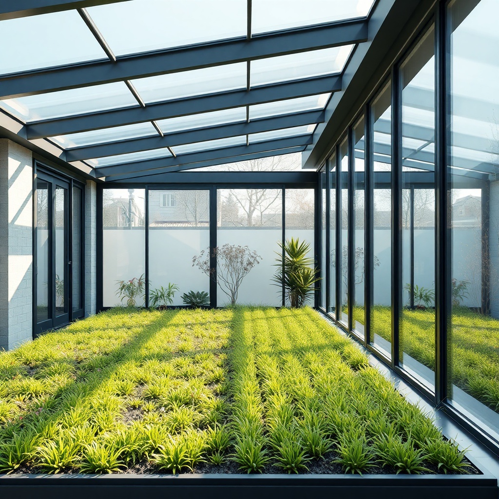 <A modern winter garden with a green roof