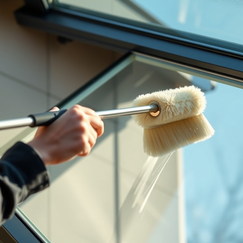 <clean photorealistic photo of a person carefully cleaning the glass roof of a Wintergarte
