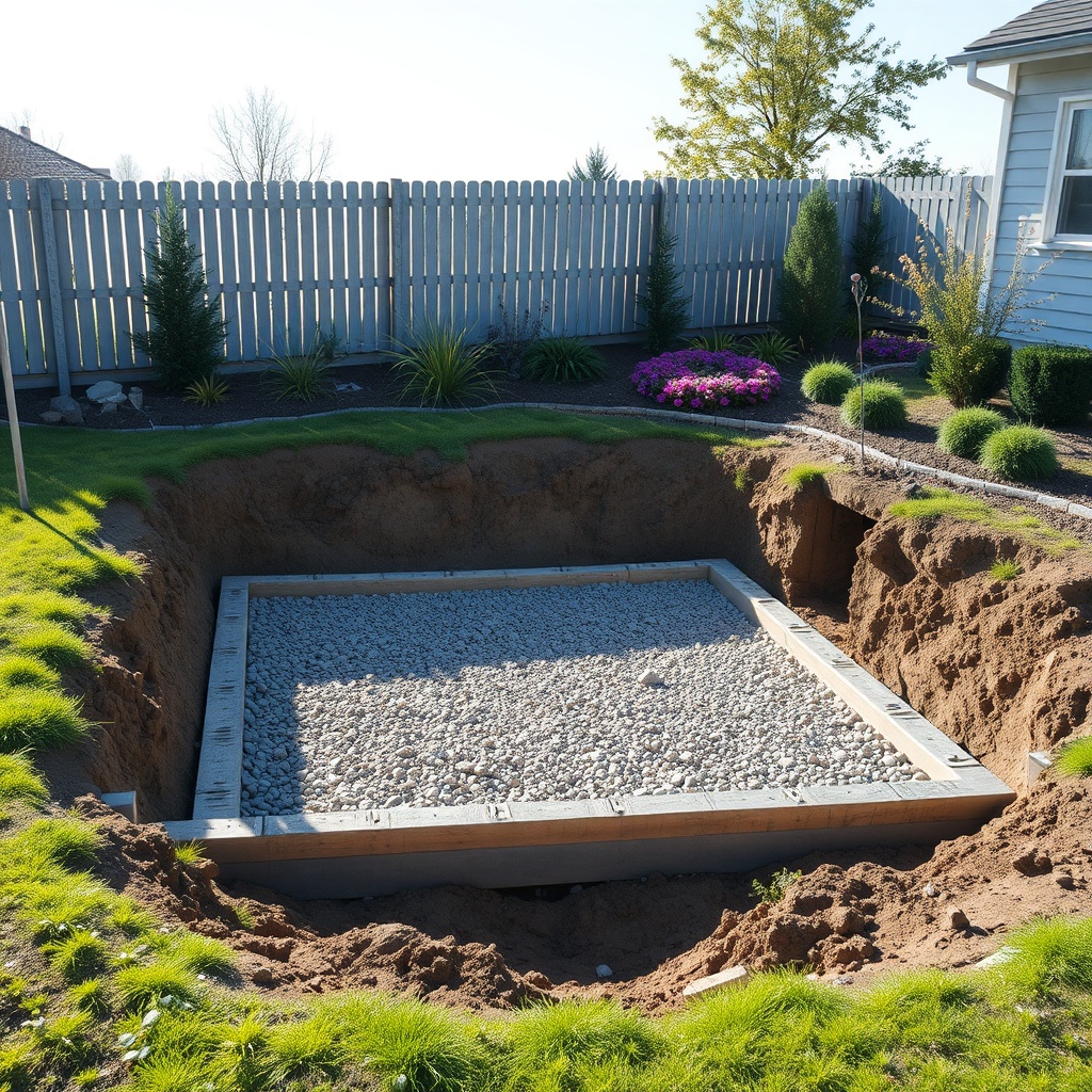 <clean photorealistic photo of a construction site with a leveled excavation pit for a win