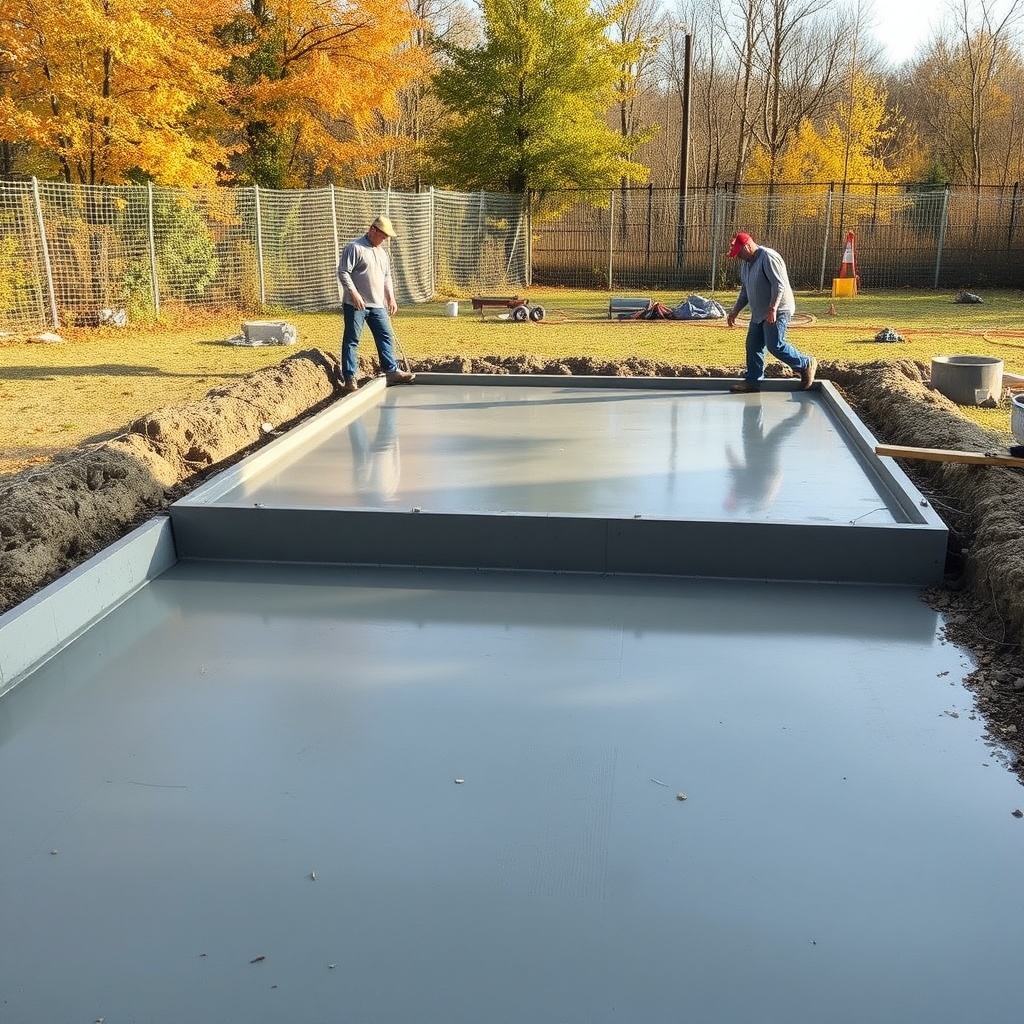 <clean photorealistic photo of a poured concrete foundation for a winter garden