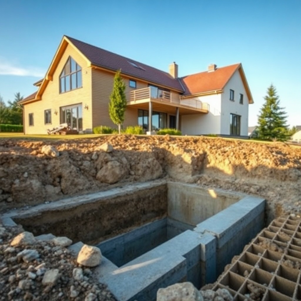 <clean photorealistic photo of a construction site showing the excavation and concrete fou