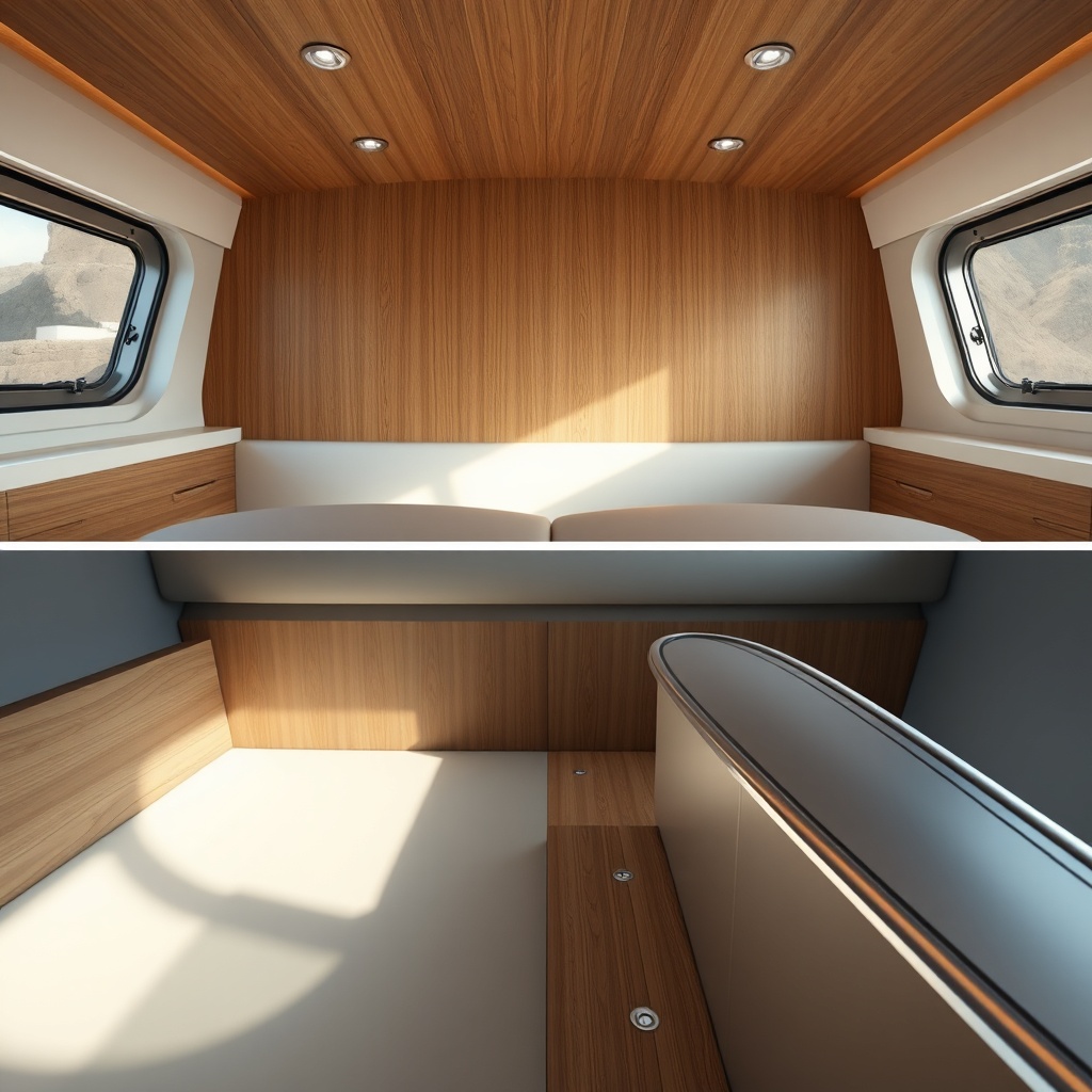 <clean photorealistic photo/illustration comparing the interior view of a wooden Pro Line