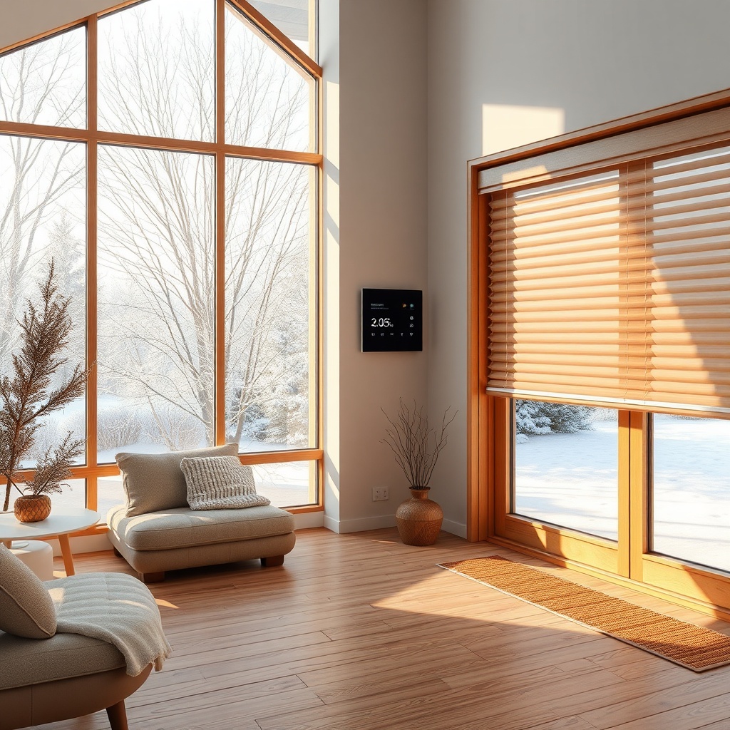 Photorealistic photo of a modern winter garden with smart home panel on wall