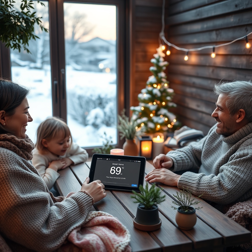 Photorealistic photo of a family relaxing in a winter garden with smart home tablet on tab