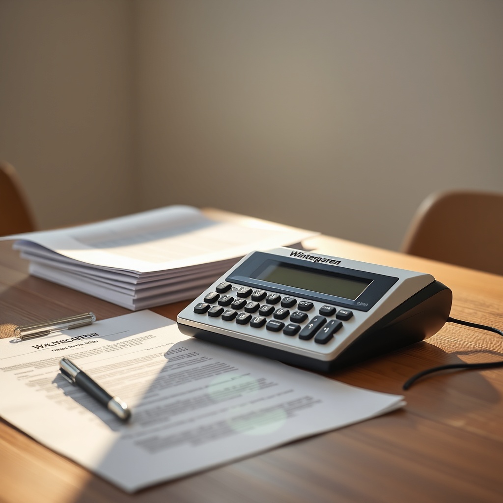 Professional photo of a sunlit Wintergarten Pro Line 3000 with legal documents and a calcu