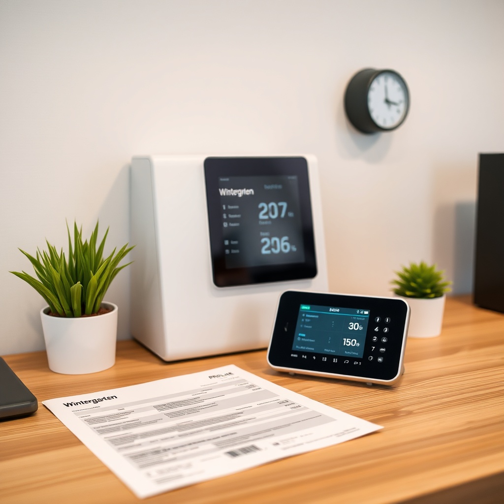 High-quality photo of a Wintergarten Pro Line 3000 with a smart home control panel and a t
